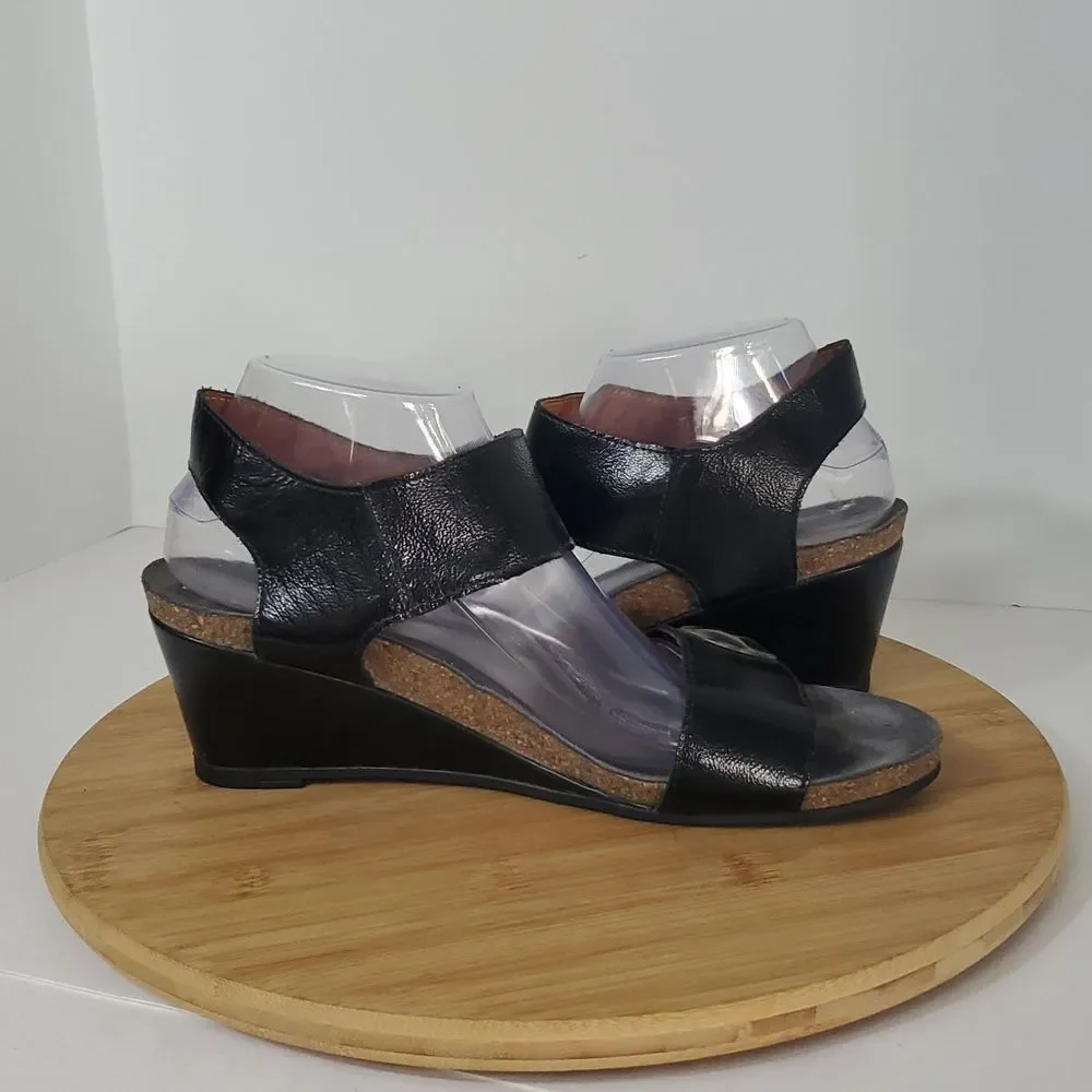 Taos Carousel 2 Black Patent Leather Wedge Sandals with Silver Accents EU 41